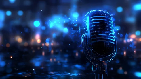 Neon night microphone bathing in glittering city echoes.
