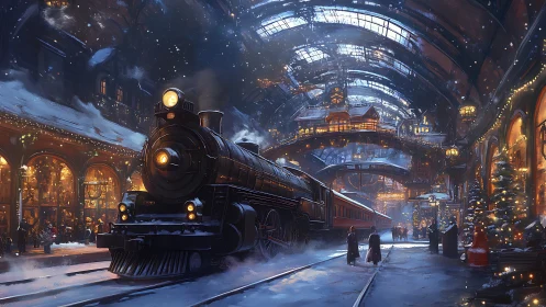 Steam locomotive in luminous winter station concourse at dusk.