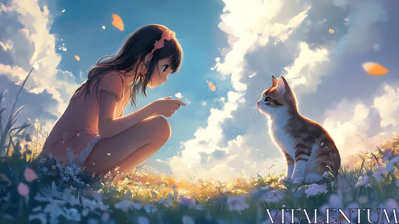 Sunlit meadow moment as girl and kitten share gentle wonder