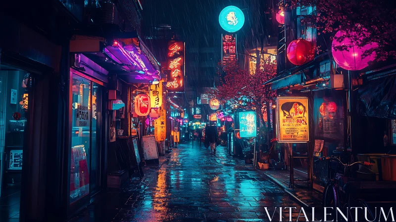 Neon rainwalk through a cozy late night city alleyway.