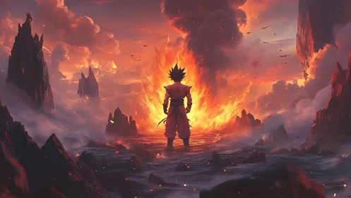 Fiery warrior stands strong before a blazing sky portal