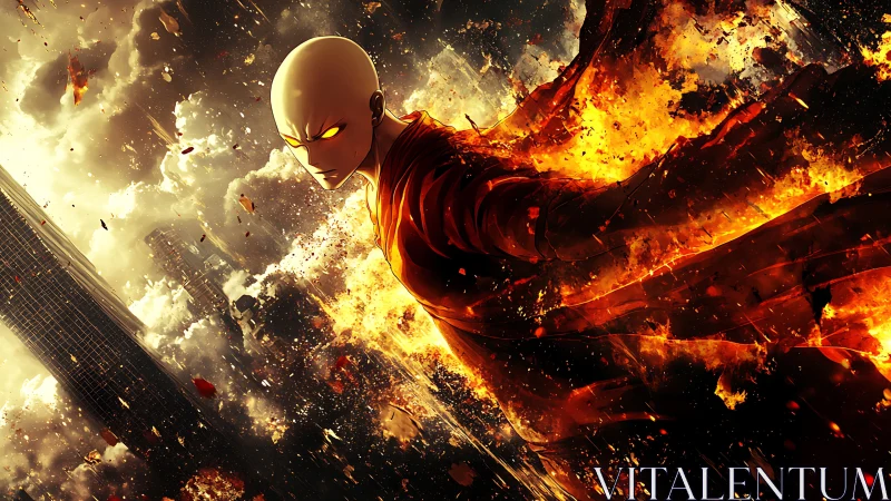 Bald caped warrior amid apocalyptic flames and ruptured clouds.
