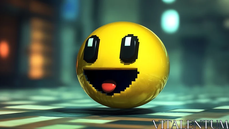 Glossy pixel-smile sphere glows in a soft neon arcade haze