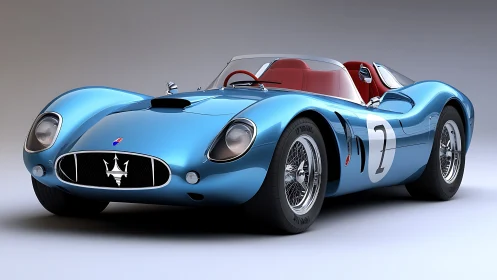 Low-slung blue vintage race car rendered with high-gloss reflections