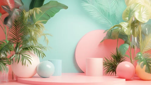 Pastel tropical still life pairs geometric forms with foliage