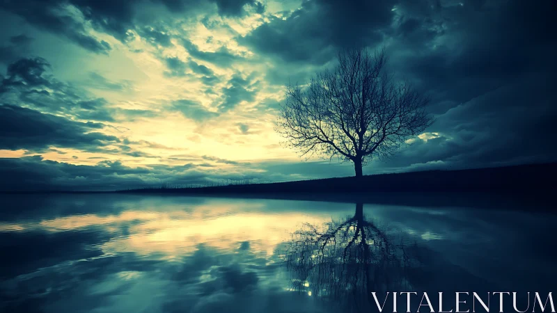 Solitary tree silhouette mirrored in cyan-toned twilight water