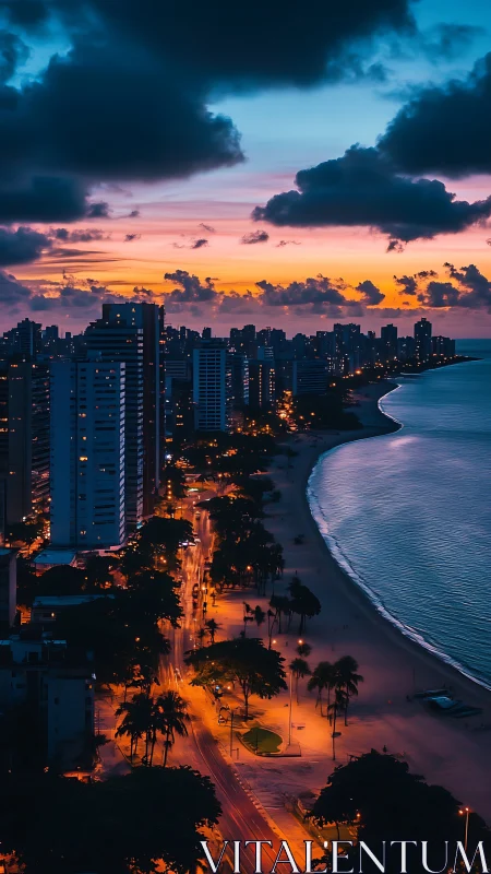 Cozy coastal city skyline glowing under sunset clouds.