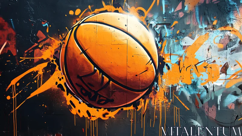 Graffiti mural of dynamic basketball with splatter abstraction.