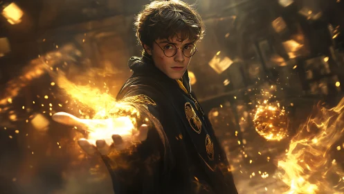 Young wizard casting intense golden fire magic spell.