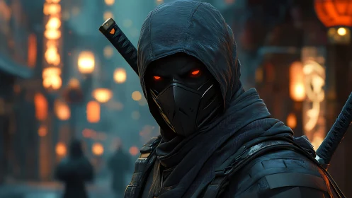 Masked cyber ninja stalks a neon-lit alleyway at night