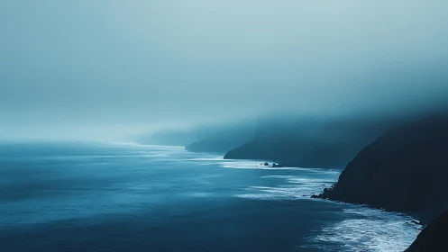 Fog banks shroud rugged coastline under cool blue light