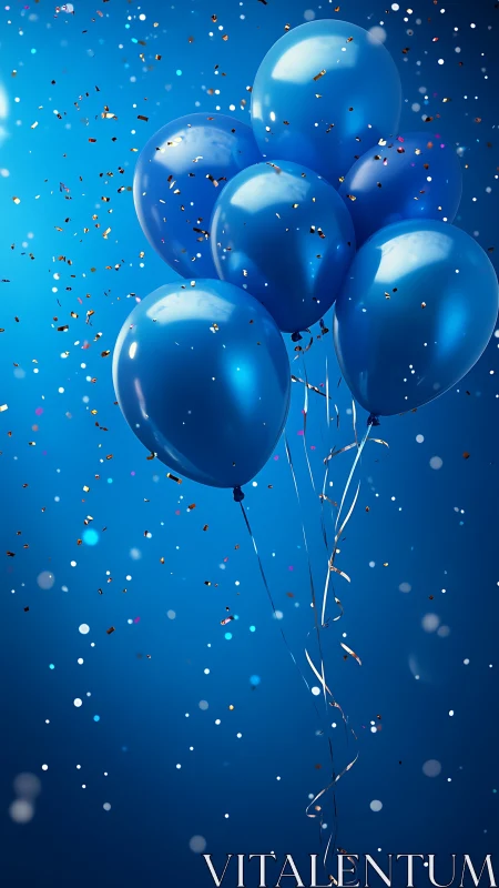 Blue Balloons Against Confetti Sky: Dynamic Celebration Composition.