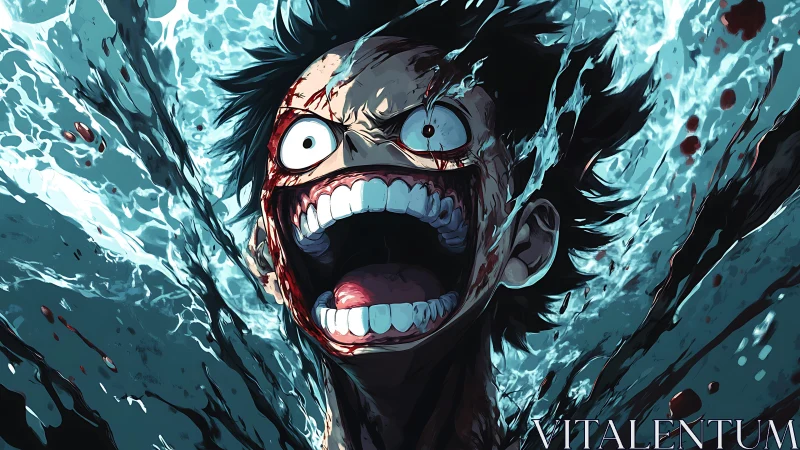 Ferocious anime scream amid violent crashing water surge.