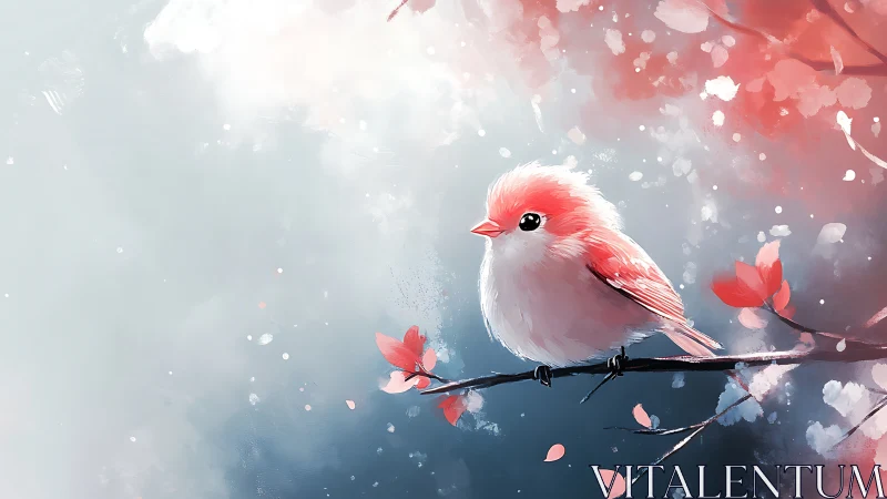 Cute Pink Bird on Branch in Dreamy Watercolor Illustration.
