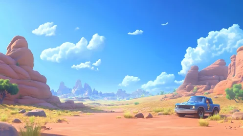 Desert pickup truck under vivid midday sky in stylized canyon.