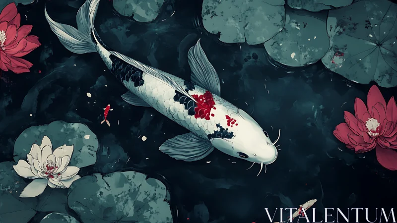 Graceful koi drifts beneath lotus blooms in tranquil dusk pond