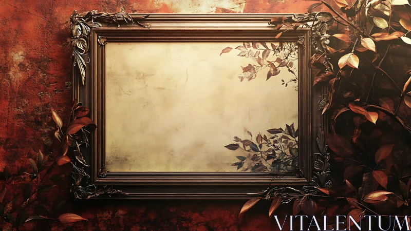 Empty ornate frame with autumnal foliage on textured wall.
