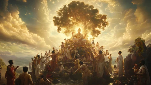 Radiant seated deity beneath celestial golden tree of light