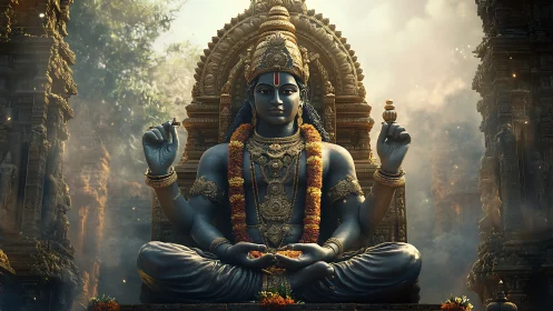 Highly detailed blue deity sculpture anchors symmetrical temple axis