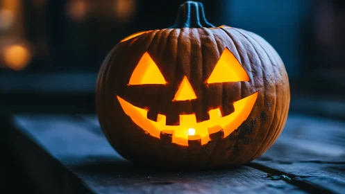 Illuminated carved pumpkin with simple geometric face pattern.