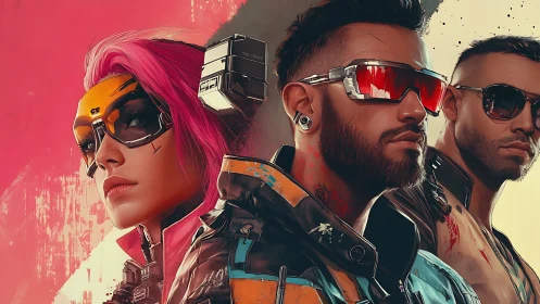 Neon rebels stand tall in a stylish cyberpunk cityscape.