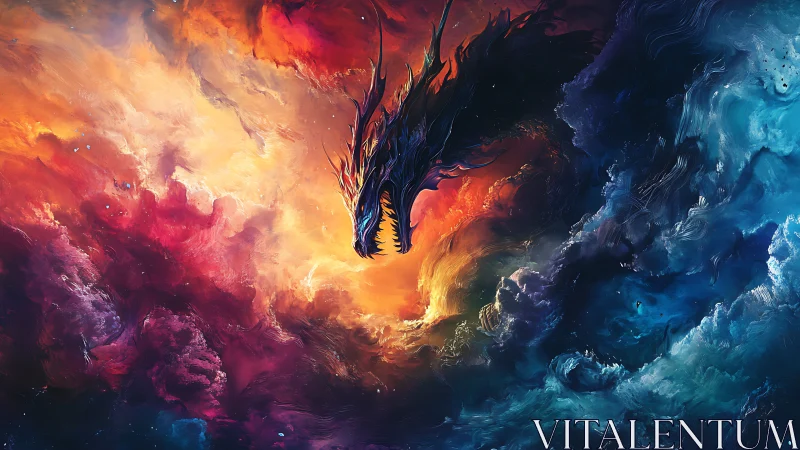 Cosmic firestorm dragon emerging through prismatic nebulae.