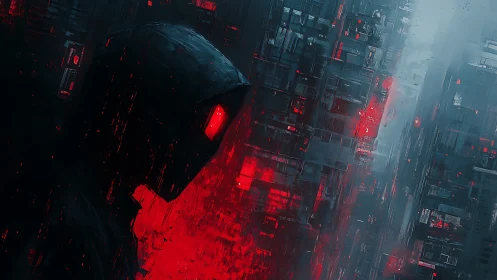 Hooded figure silhouette beside abstract red city grid.