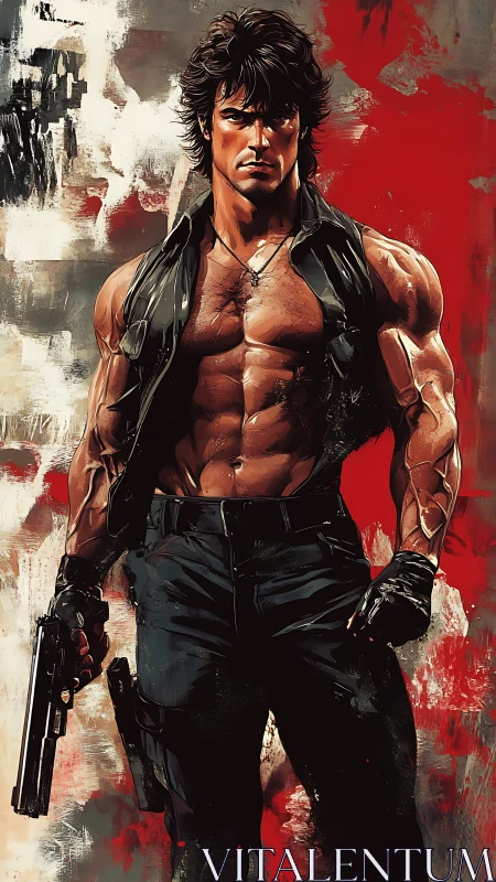 Battle-hardened hero stands against gritty red backdrop