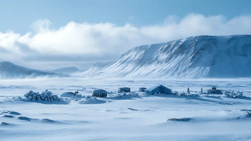 Arctic Settlement in Snow-Covered Landscape with Mountain