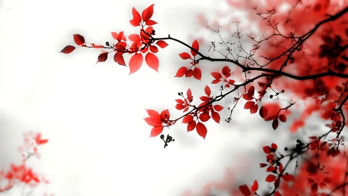 Artistic branch with vibrant red leaves on soft white background.