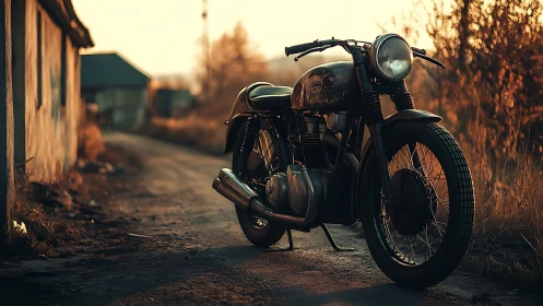 Sunlit vintage motorcycle waits quietly on a rustic road