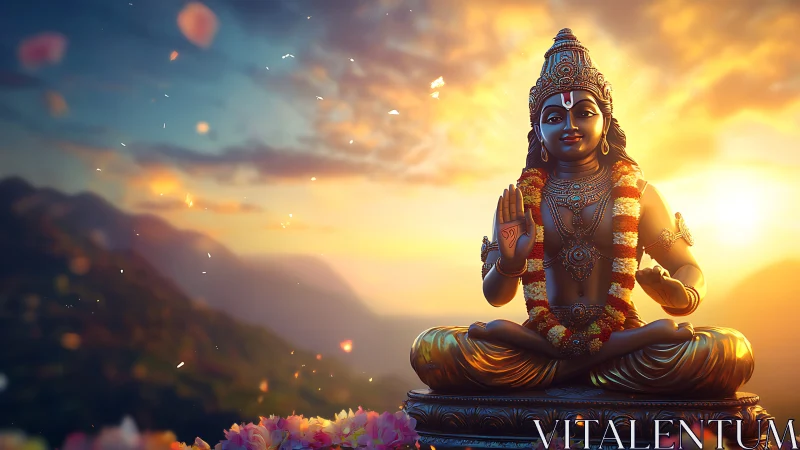 Golden hilltop deity in soft sunrise glow of peace.