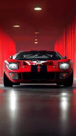 Red GT race car glows under tunnel lights, bold stripes.