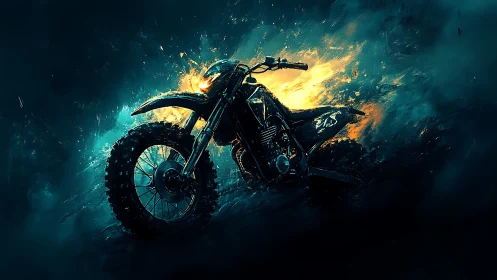 Off-road motorcycle erupts through neon fire and stormy smoke