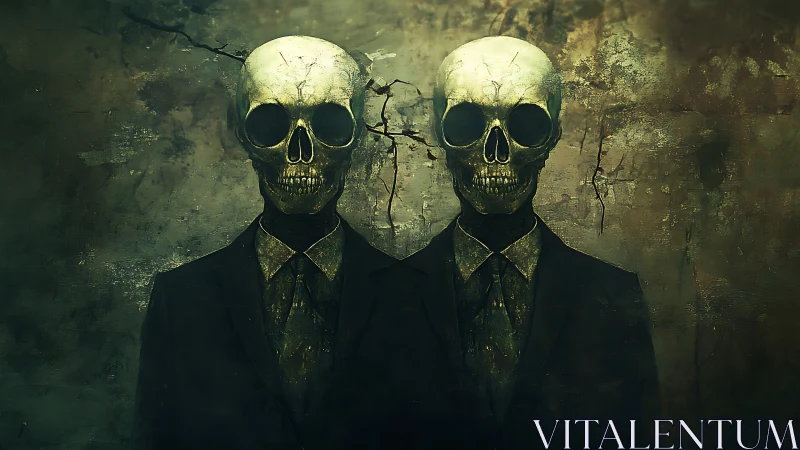 Twin skeletal figures in dark suits against textured wall.