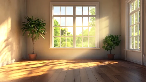 Sunlit minimalist room with potted plants and wood flooring.