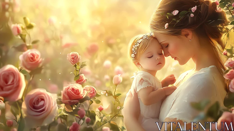 Mother and Infant in Rose Garden. Golden Hour Portraiture.