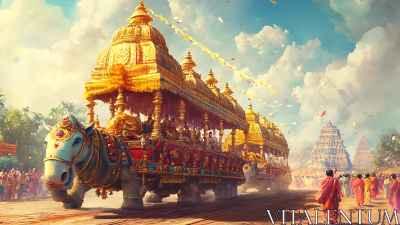 Golden temple chariot procession under vibrant festival sky.