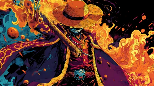 Flaming cloaked warrior strides through swirling inferno.