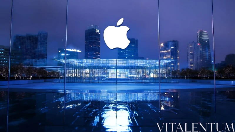 Urban skyline with luminous apple logo reflected at night.