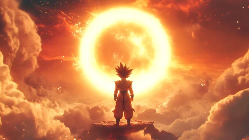 Backlit warrior facing plasma halo in volumetric cloudscape.