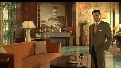Elegant retro lounge captures poised man in tailored suit.