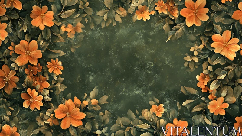Orange Floral Composition Against Weathered Green Background.