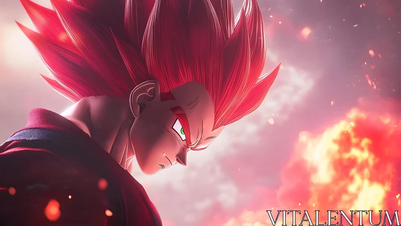 Anime warrior with red aura over blazing battlefield.