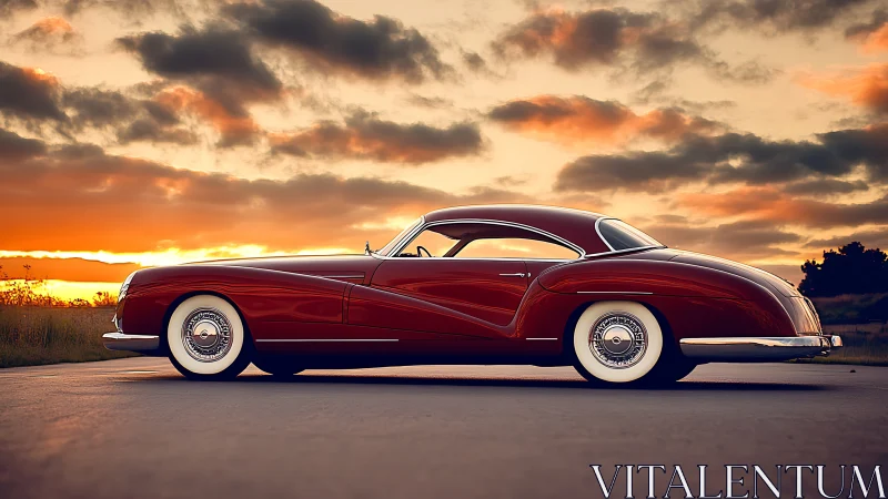 Photorealistic profile of vintage coupe in sunset side view.