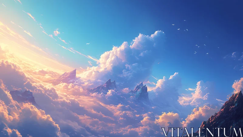 Sunlit cloud ocean surrounds distant jagged mountain peaks