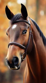 Chestnut sport horse portrait with bridle, shallow depth-of-field