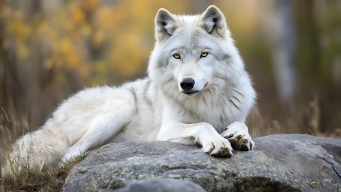 White wolf resting on rock under soft autumn woodland light.