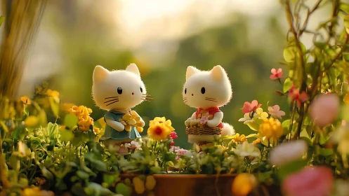 Stylized Cat Figures in Garden Setting with Blurred Floral Background