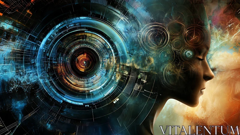 Cyborg profile merged with circular digital interface construct.